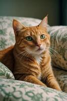 A close-up of an orange tabby cat resting on a patterned cushion with green eyes. photo