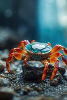 A vibrant crab with a shiny shell perched on a rock in a serene underwater environment. photo