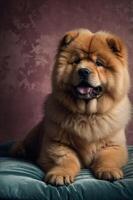 A fluffy chow chow dog posing on a soft surface with a textured background. photo