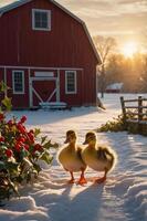 Two ducklings stand in the snow near a red barn at sunrise, creating a serene winter scene. photo