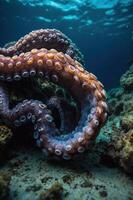 A close-up of an octopus showcasing its tentacles in a vibrant underwater setting. photo
