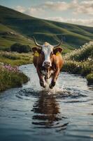 A cow leaps through a stream surrounded by lush green hills and wildflowers. photo