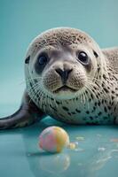 un curioso sello con un vistoso pelota, exhibiendo fauna silvestre y alegría. foto