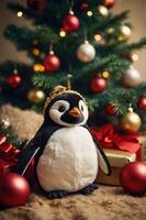 A festive penguin plush toy adorned with a crown, surrounded by Christmas decorations. photo