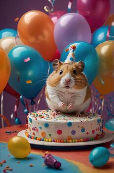 un festivo hámster vistiendo un fiesta sombrero se sienta encima un vistoso cumpleaños pastel rodeado por globos foto