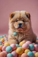 A fluffy chow chow puppy sitting among colorful bath bombs on a pink background. photo