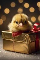 A cute chick peeks out from a golden gift box adorned with a red ribbon, set against a bokeh background. photo