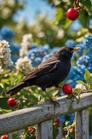 A black bird perched on a fence with red cherries and blue flowers in the background. photo