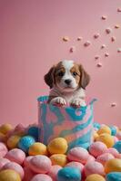 A cute puppy sitting in a colorful container surrounded by pastel treats. photo