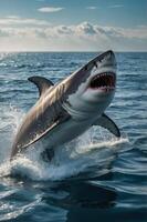 A great white shark breaching the surface of the ocean, showcasing its powerful jaws. photo