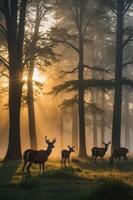 A serene forest scene with deer illuminated by soft sunlight through misty trees. photo