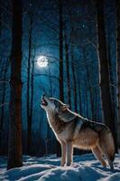 A wolf howls under a full moon in a snowy forest, creating a mystical atmosphere. photo
