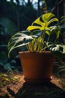 A lush green plant in a terracotta pot, illuminated by soft natural light. photo