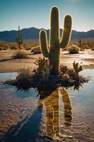 A cactus reflected in a pool of water, set against a desert landscape and mountains. photo