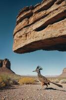 A roadrunner walks beneath a massive rock formation in a desert landscape. photo