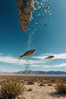 Surreal landscape featuring fish swimming in the desert, creating a dreamlike atmosphere. photo