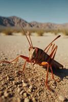 A close-up of a grasshopper on sandy terrain with mountains in the background. photo