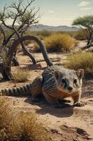 A small mammal, resembling a mongoose, explores a desert landscape with sparse vegetation. photo
