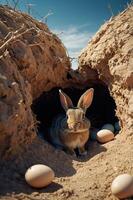 A rabbit sits in a burrow surrounded by eggs in a desert landscape. photo