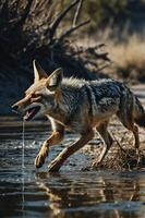 A coyote wades through shallow water, droplets falling from its mouth in a natural setting. photo