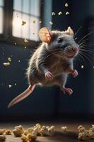 A playful mouse leaps in the air amidst scattered popcorn, capturing a whimsical moment. photo