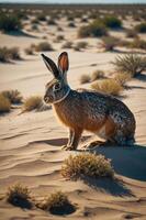 A rabbit sitting on sandy terrain with sparse vegetation in a desert landscape. photo