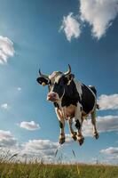 A black and white cow appears to be flying against a blue sky with clouds. photo