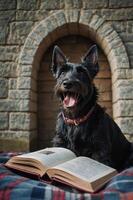 A black dog sitting with an open book, smiling in a cozy, stone-walled setting. photo
