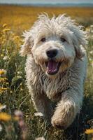 A joyful dog running through a field of wildflowers on a sunny day. photo