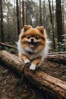 A playful Pomeranian dog running on a log in a forest setting. photo
