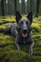 A happy dog resting on mossy ground in a serene forest setting. photo