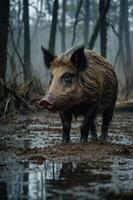 A wild boar stands in a misty forest, surrounded by muddy ground and trees. photo