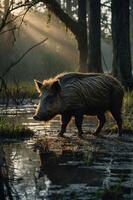 A wild boar stands near a swamp, illuminated by soft sunlight filtering through trees. photo