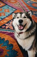A happy dog sits on a colorful patterned rug, showcasing its joyful expression. photo