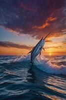 A marlin leaps from the ocean at sunset, creating a dramatic and vibrant scene. photo