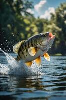 A leaping fish splashes out of the water, showcasing its vibrant colors and dynamic movement. photo