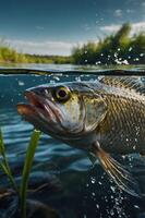 A close-up of a fish swimming in clear water with plants and a scenic background. photo