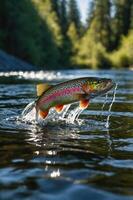 A trout leaps from a river, splashing water in a serene natural setting. photo