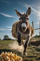 A donkey runs towards the camera with a load of corn on its back in a sunny field. photo