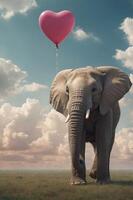 An elephant holds a pink heart balloon against a scenic sky, evoking a whimsical atmosphere. photo