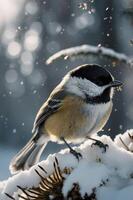 A small bird perched on snow-covered ground amidst falling snowflakes and a blurred background. photo