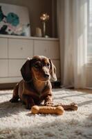 A playful dachshund rests on a soft rug with a chew toy nearby in a cozy room. photo