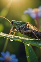 A close-up of a grasshopper perched on a leaf with morning dew and soft sunlight. photo