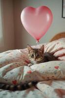 A playful kitten rests on a heart-patterned blanket with a pink heart balloon above. photo