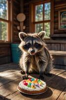 A raccoon sits at a wooden table, curiously eyeing a colorful cake in a cozy cabin setting. photo