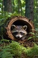 A raccoon peeks out from a hollow log in a lush forest setting. photo