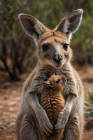 A kangaroo holds its joey close in a natural setting, showcasing maternal bond and wildlife. photo