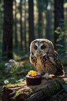 An owl perched on a log beside a small cake adorned with flowers in a serene forest setting. photo