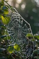 A close-up of a spider web adorned with dew drops, set against a blurred green background. photo