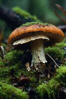 A close-up view of a mushroom growing on mossy ground in a forest setting. photo